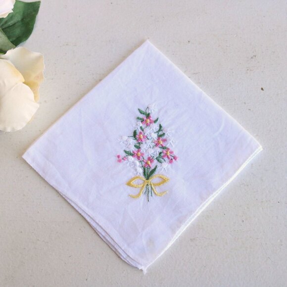 Vintage Handkerchief, White Linen with Pink and White Floral Embroidered Hankie - Picture 1 of 9